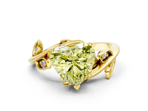 Yellow gold Fancy Yellow Heart Cut Solitaire Twist Engagement Ring with Leaf Accents and Prong Setting_14
