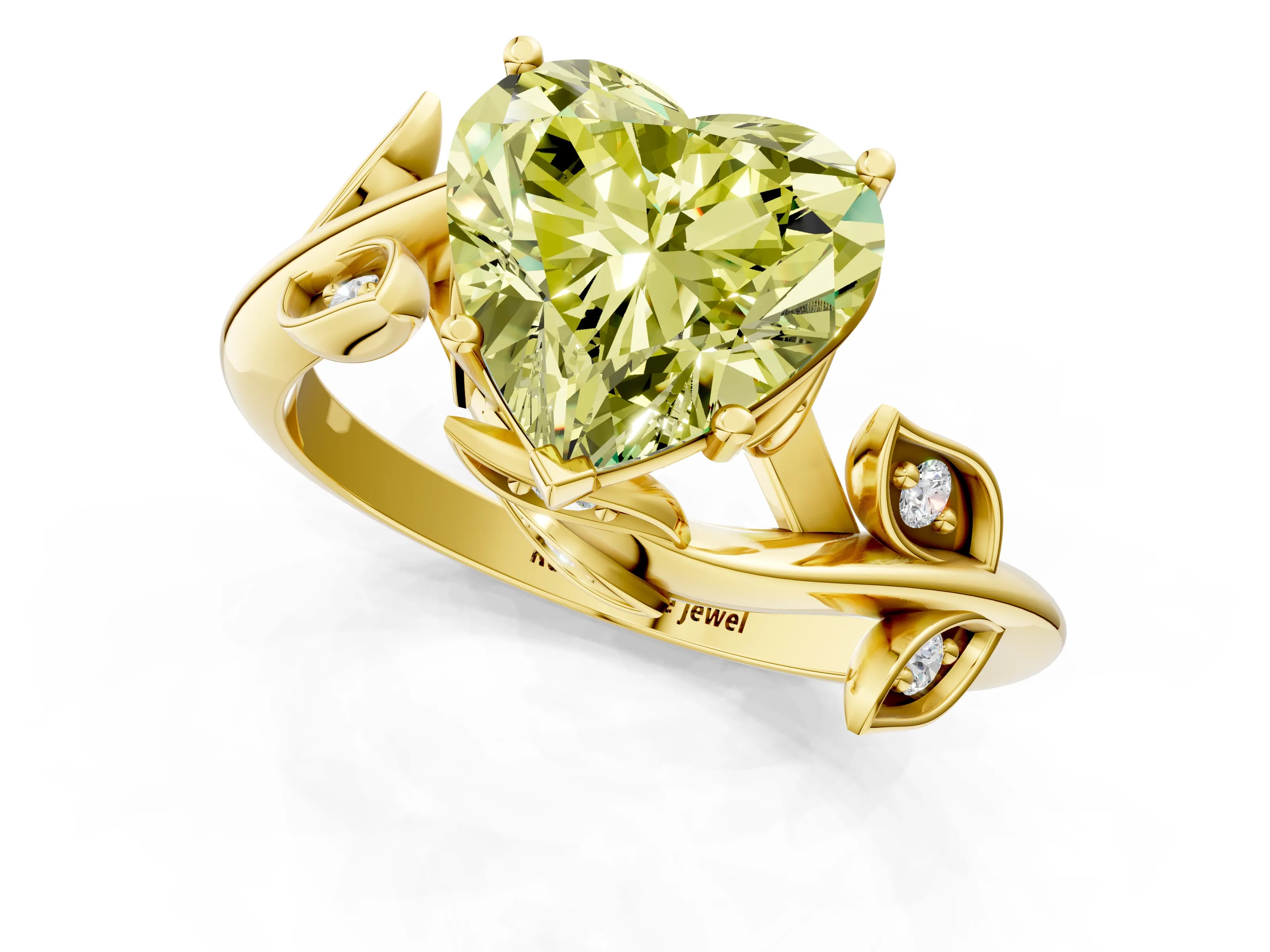 Yellow gold Fancy Yellow Heart Cut Solitaire Twist Engagement Ring with Leaf Accents and Prong Setting_15