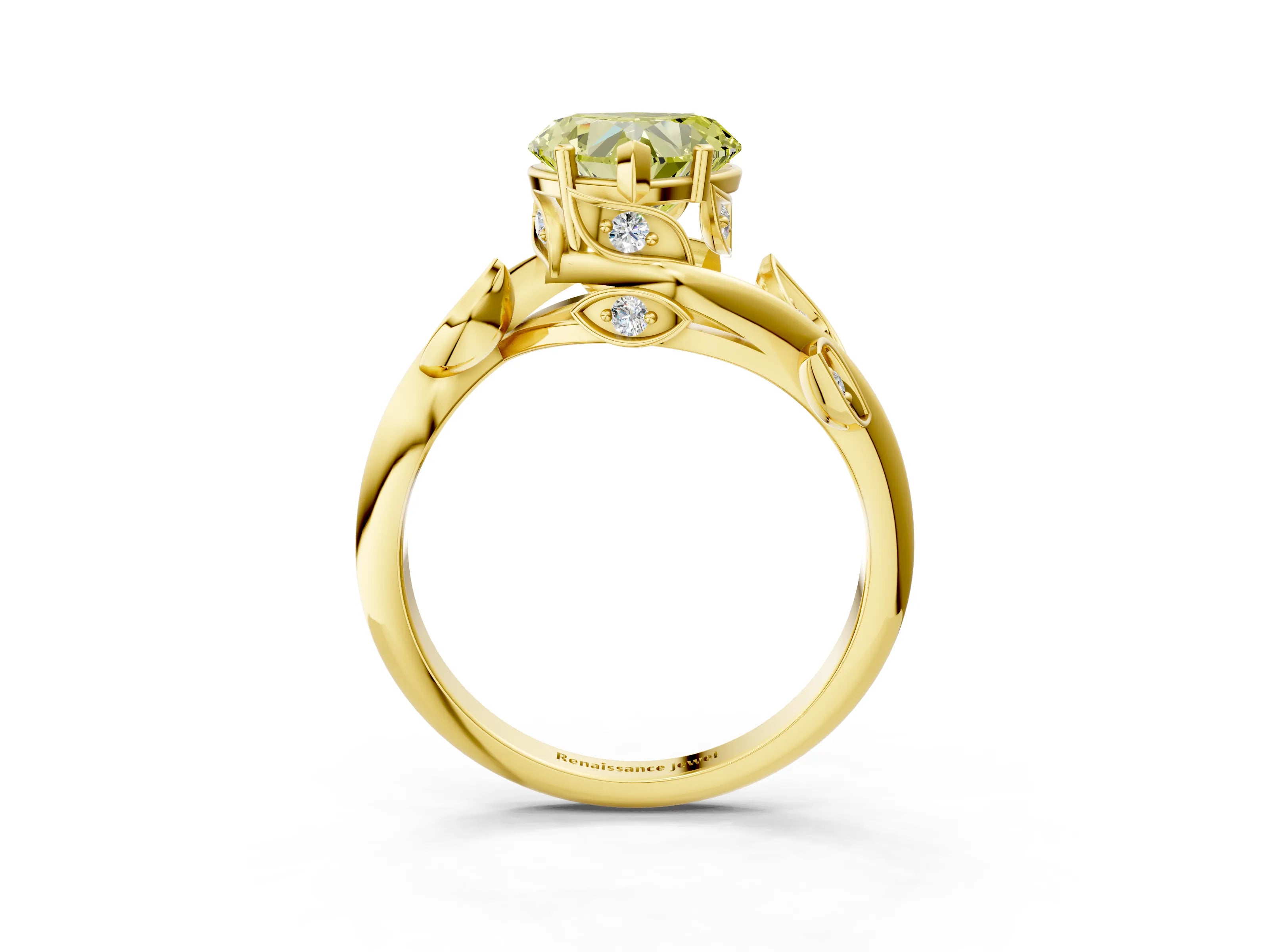 Yellow gold Fancy Yellow Heart Cut Solitaire Twist Engagement Ring with Leaf Accents and Prong Setting_17