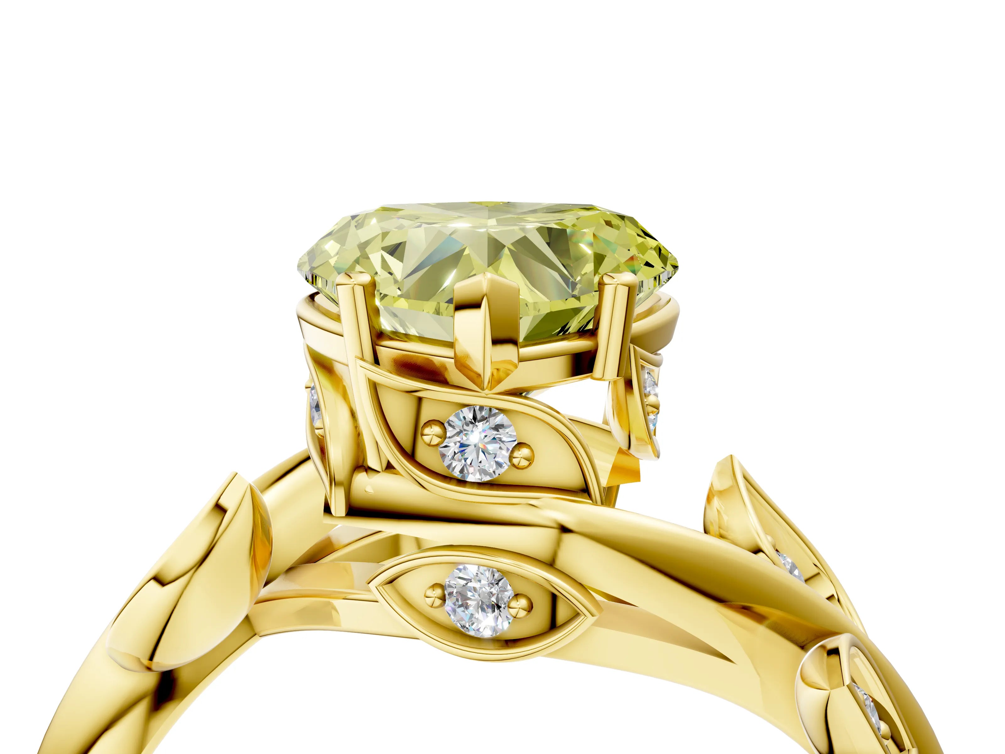 Yellow gold Fancy Yellow Heart Cut Solitaire Twist Engagement Ring with Leaf Accents and Prong Setting_18