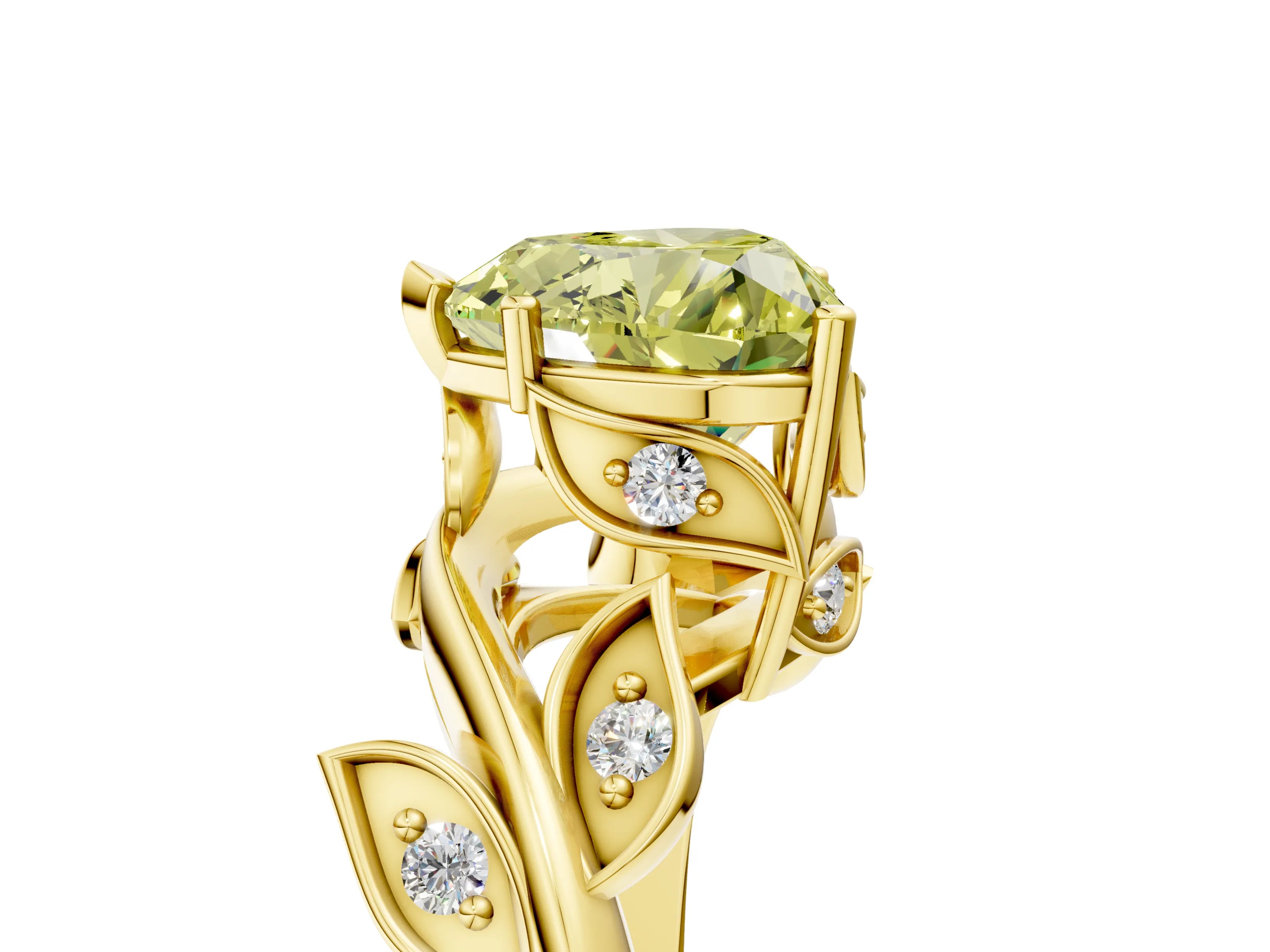 Yellow gold Fancy Yellow Heart Cut Solitaire Twist Engagement Ring with Leaf Accents and Prong Setting_19