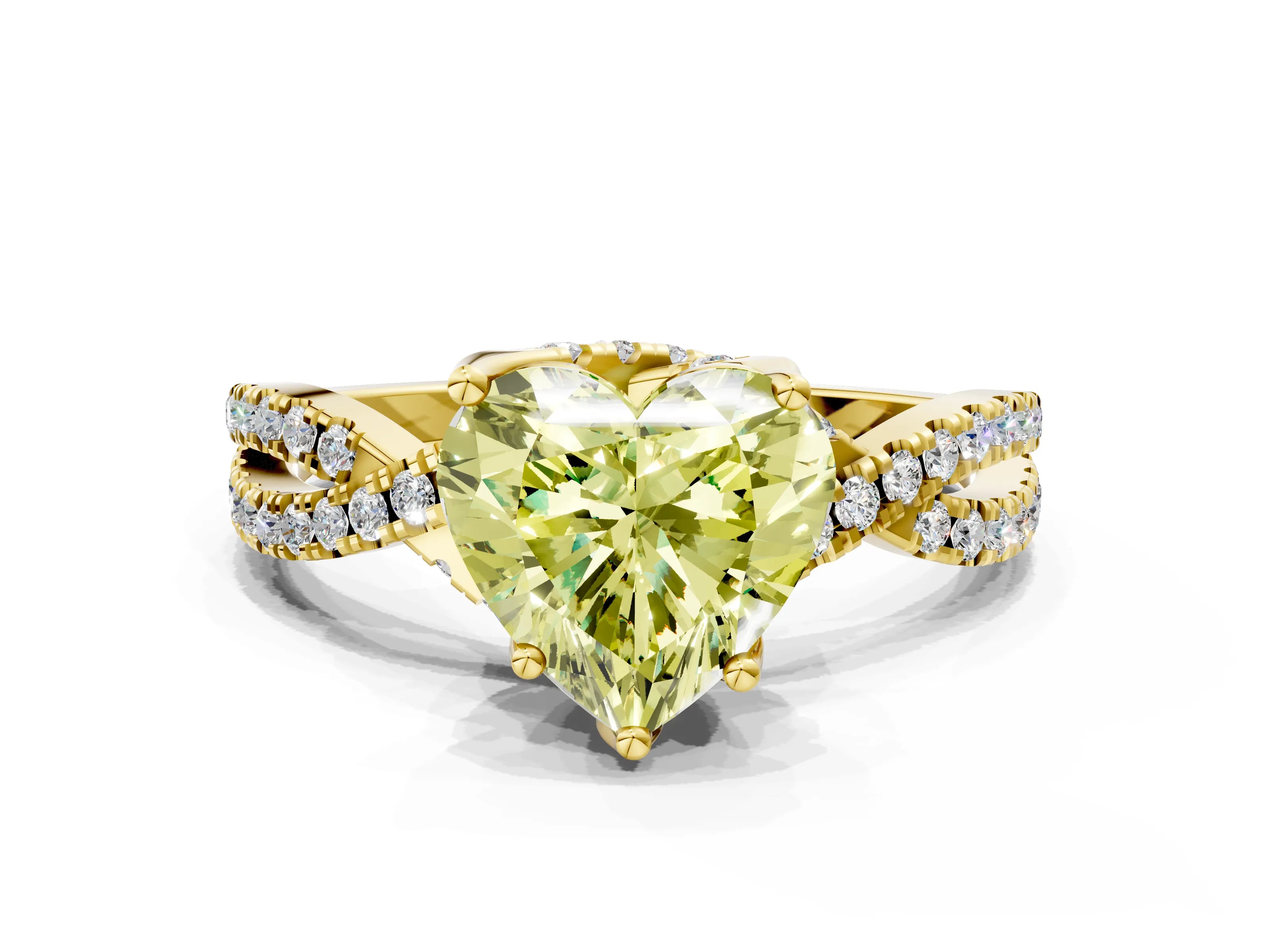 Yellow gold Fancy Yellow Heart Cut Solitaire Twist Pave Diamond Engagement Ring with Prong Setting