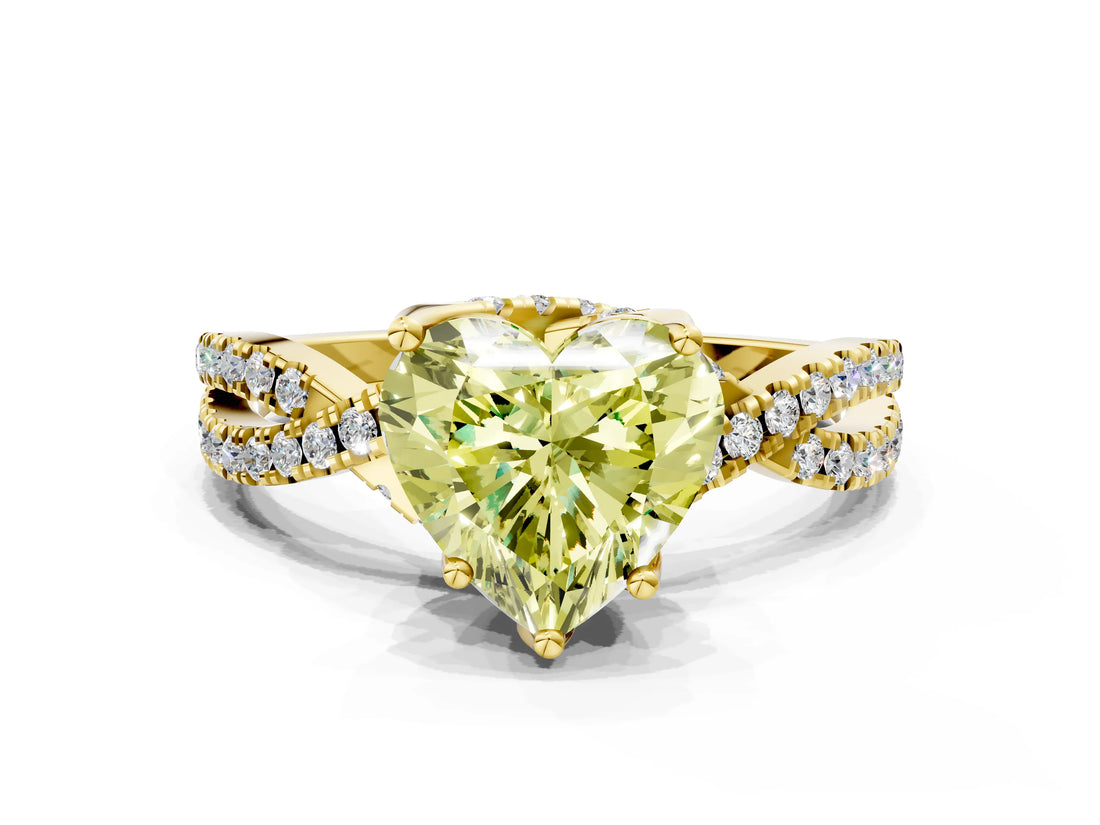 Yellow gold Fancy Yellow Heart Cut Solitaire Twist Pave Diamond Engagement Ring with Prong Setting