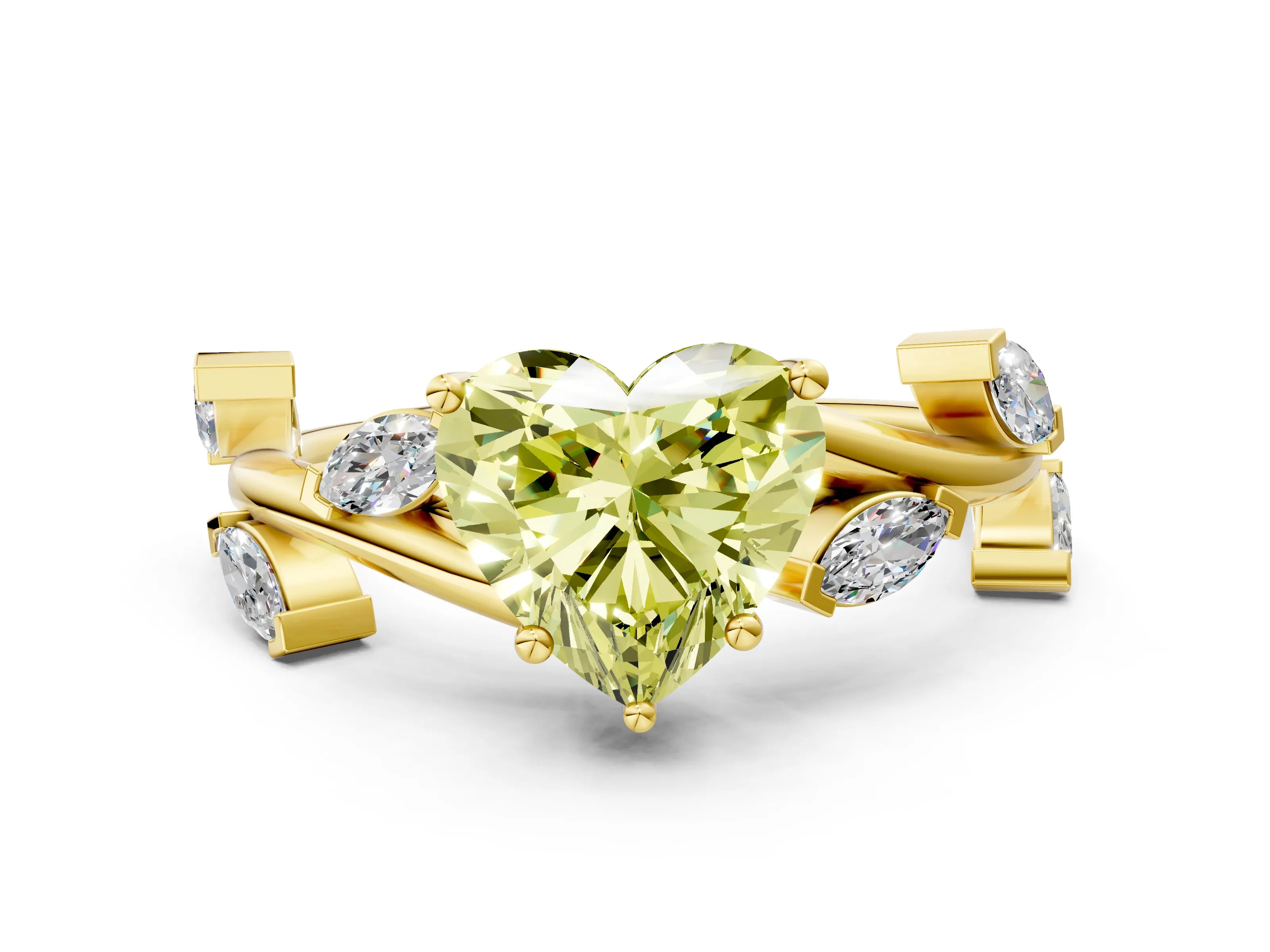 Yellow gold Fancy Yellow Heart Cut Solitaire Twisted Band Marquise Accent Prong Setting Ring