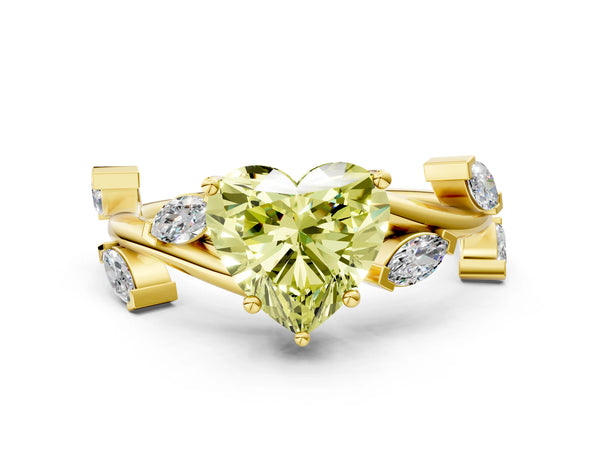 Yellow gold Fancy Yellow Heart Cut Solitaire Twisted Band Marquise Accent Prong Setting Ring