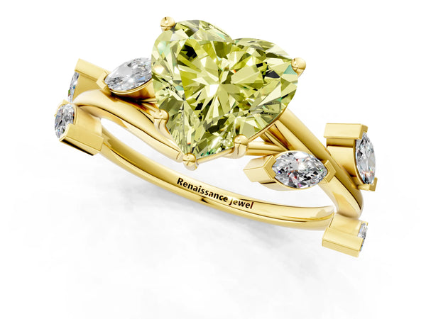 Yellow gold Fancy Yellow Heart Cut Solitaire Twisted Band Marquise Accent Prong Setting Ring
