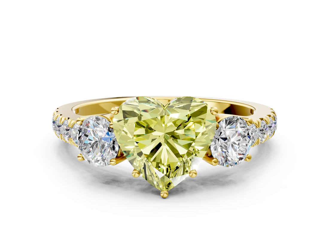 Yellow gold Fancy Yellow Heart  Cut Three-Stone Diamond Pave Band with Prong Setting_36