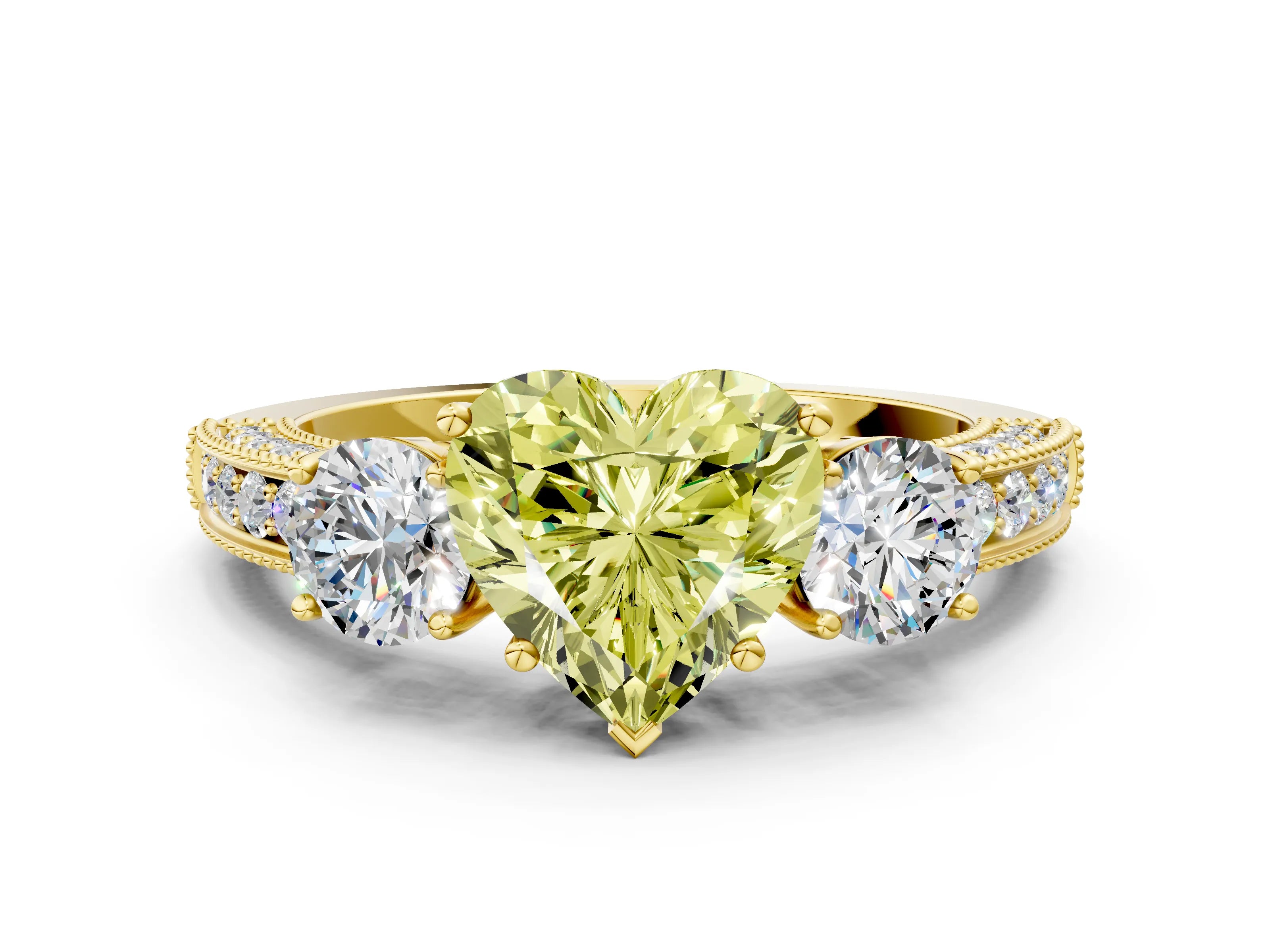 Yellow gold Fancy Yellow Heart Cut Three-Stone Diamond Ring with Pavé Band and Four-Prong Setting
