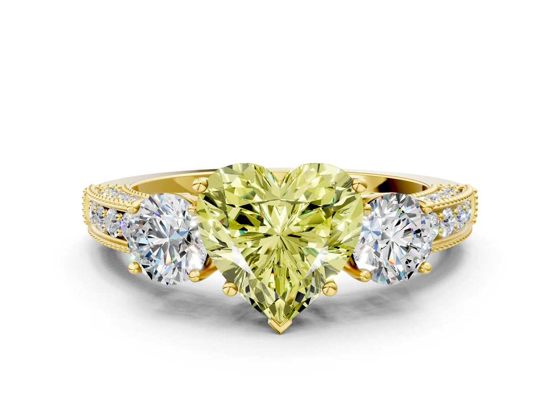 Yellow gold Fancy Yellow Heart Cut Three-Stone Diamond Ring with Pavé Band and Four-Prong Setting