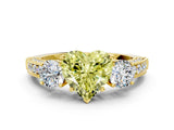Yellow gold Fancy Yellow Heart Cut Three-Stone Diamond Ring with Pavé Band and Four-Prong Setting