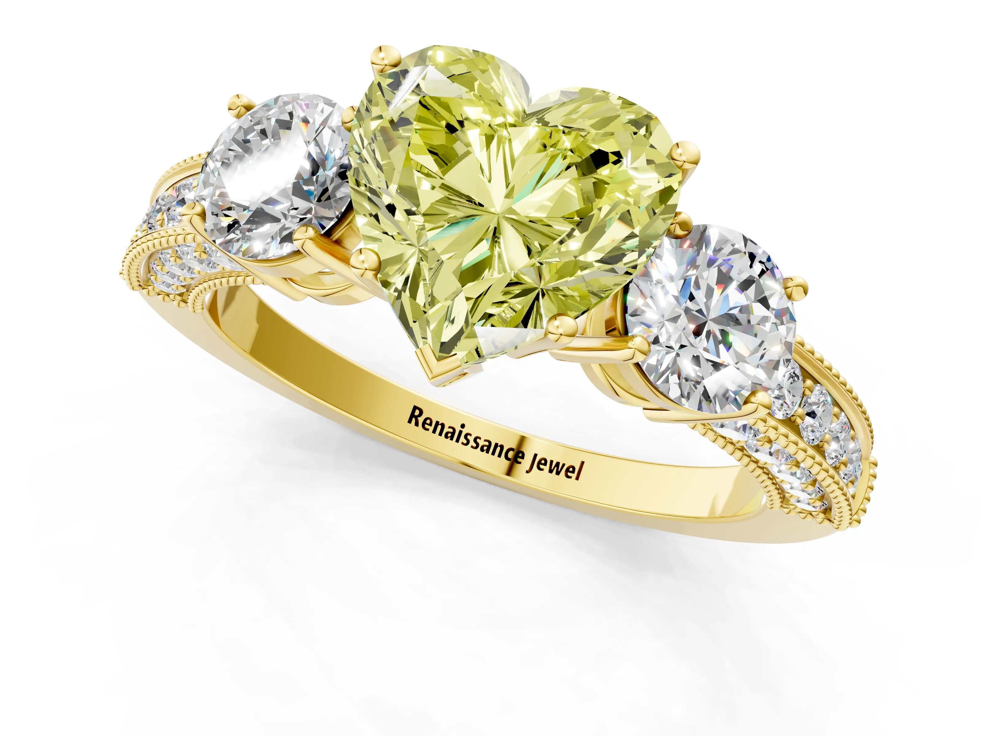 Yellow gold Fancy Yellow Heart Cut Three-Stone Diamond Ring with Pavé Band and Four-Prong Setting_1