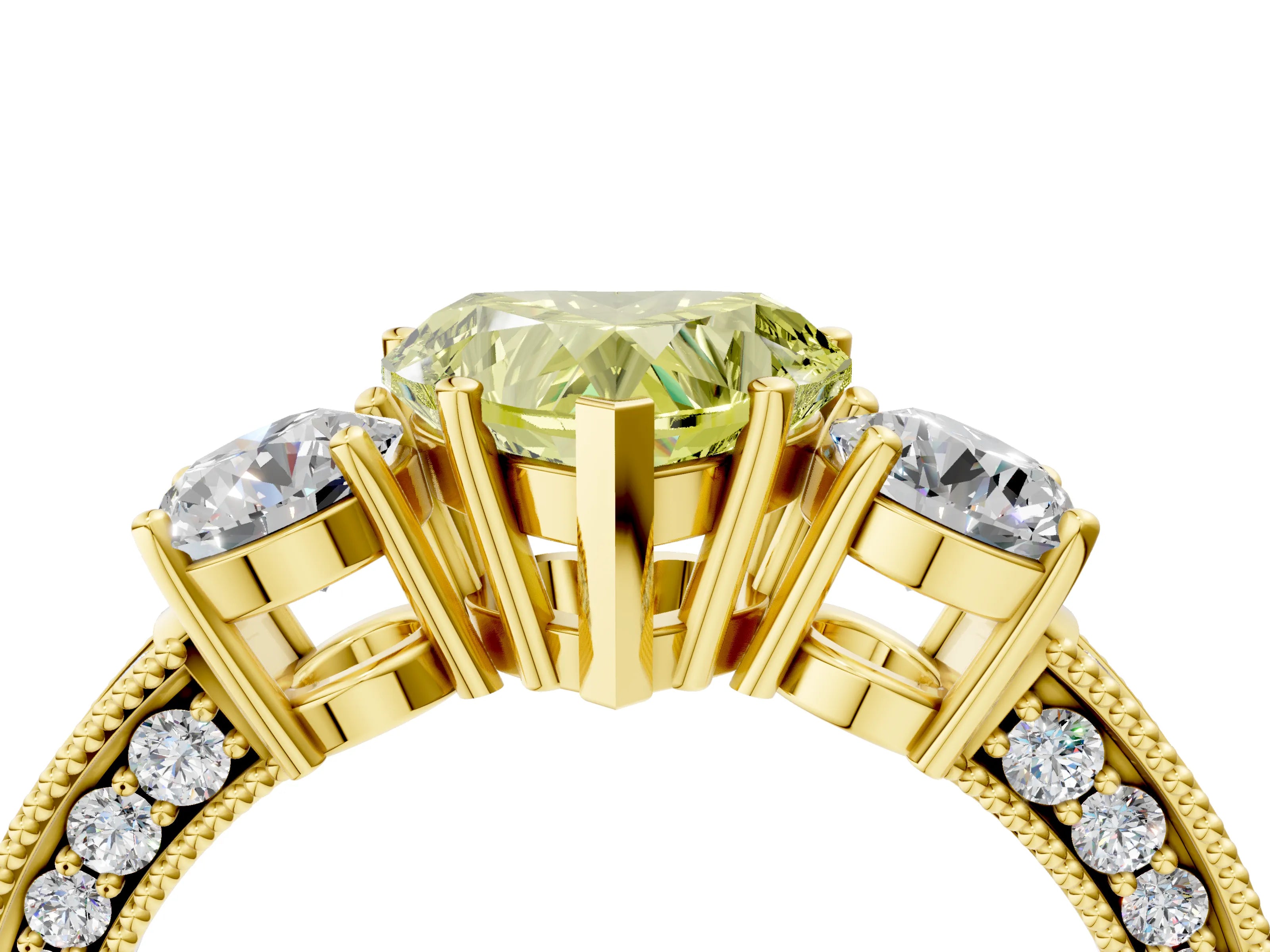 Yellow gold Fancy Yellow Heart Cut Three-Stone Diamond Ring with Pavé Band and Four-Prong Setting_4