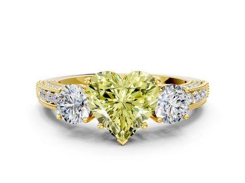 Yellow gold Fancy Yellow Heart Cut Three-Stone Diamond Ring with Pavé Band and Four-Prong Setting