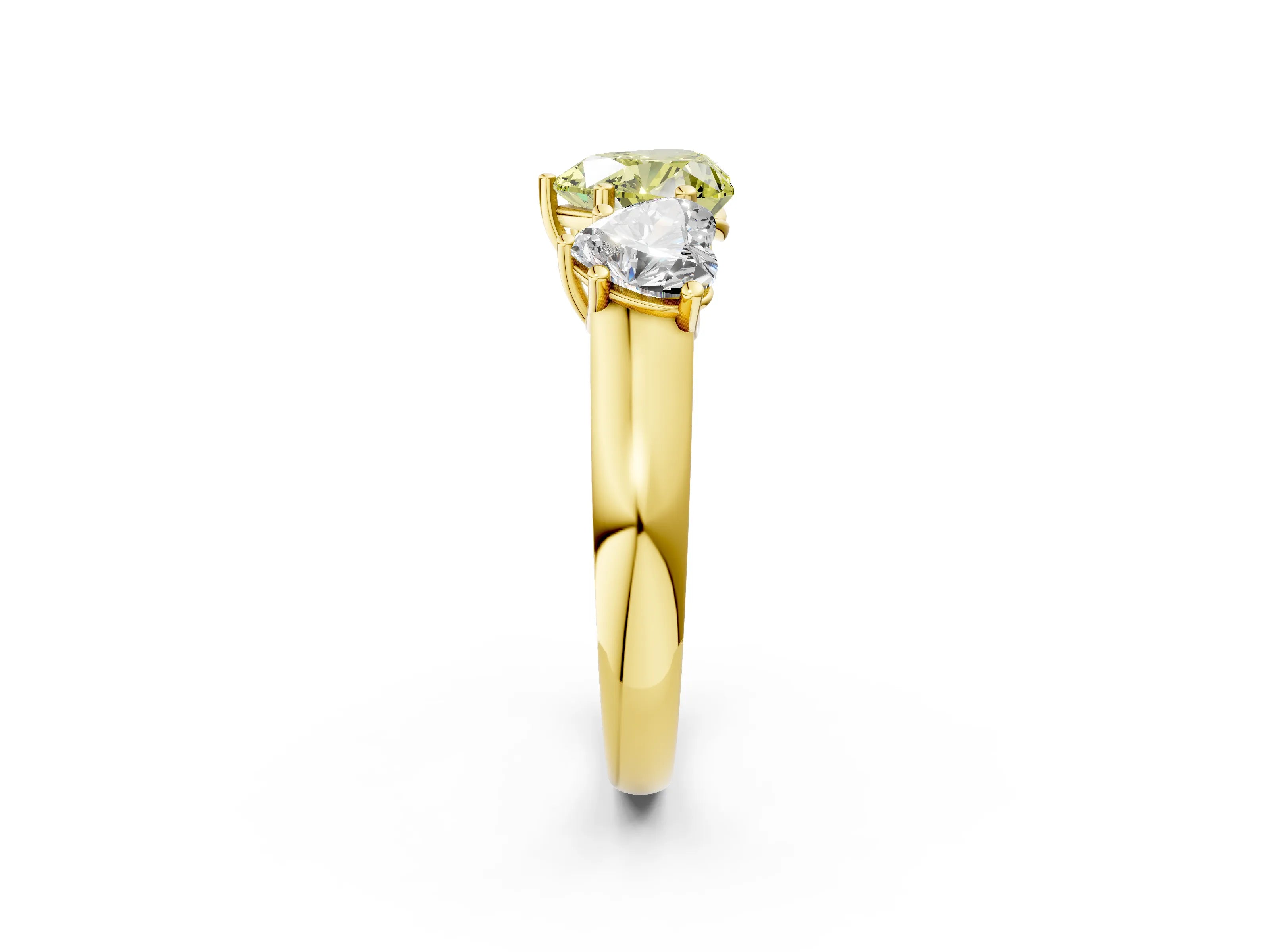 Yellow gold Fancy Yellow Heart Cut Three-Stone Diamond Ring with Prong Setting on a Classic Band_2