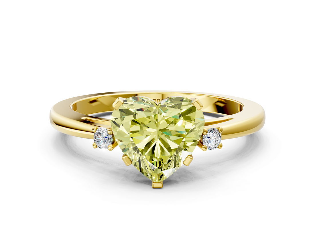 Yellow gold Fancy Yellow Heart  Cut Three-Stone Solitaire Ring with Round Accent Diamonds and Four-Prong Setting_21