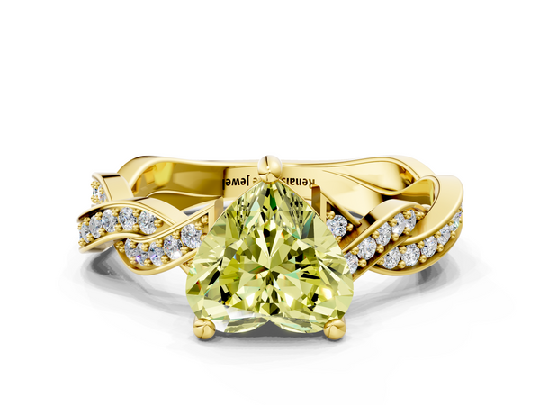 Yellow gold Fancy Yellow Heart  Cut Twisted Pavé Band Solitaire Ring with Four-Prong Setting