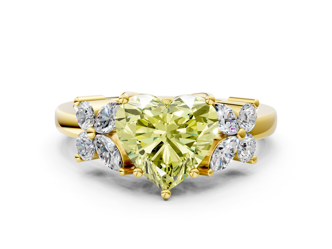 Yellow gold Fancy Yellow Heart  Diamond Floral Cluster Ring with Solitaire Band and Prong Setting_26