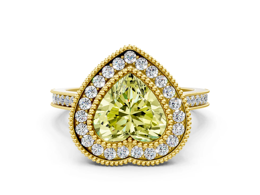 Yellow gold Fancy Yellow Heart  Diamond Halo Ring with Milgrain Frame and Pavé Band_60