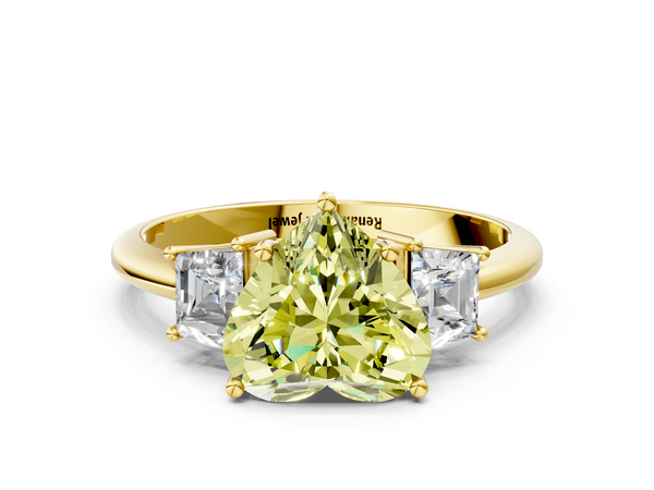 Yellow Gold Heart-Shaped Three Stone Engagement Ring Setting for Fancy Yellow Center with Trapezoid Side Stones