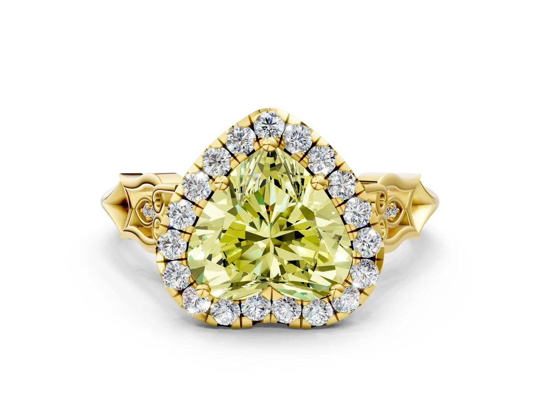 Yellow gold Fancy Yellow Heart  Halo Diamond Engagement Ring with Filigree Band and Four-Prong Setting_81