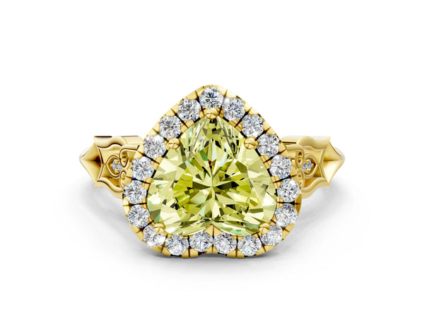 Yellow gold Fancy Yellow Heart  Halo Diamond Engagement Ring with Filigree Band and Four-Prong Setting