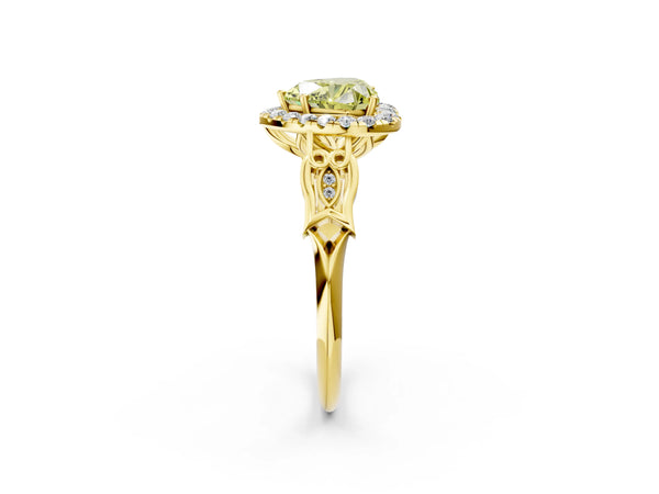 Yellow gold Fancy Yellow Heart  Halo Diamond Engagement Ring with Filigree Band and Four-Prong Setting