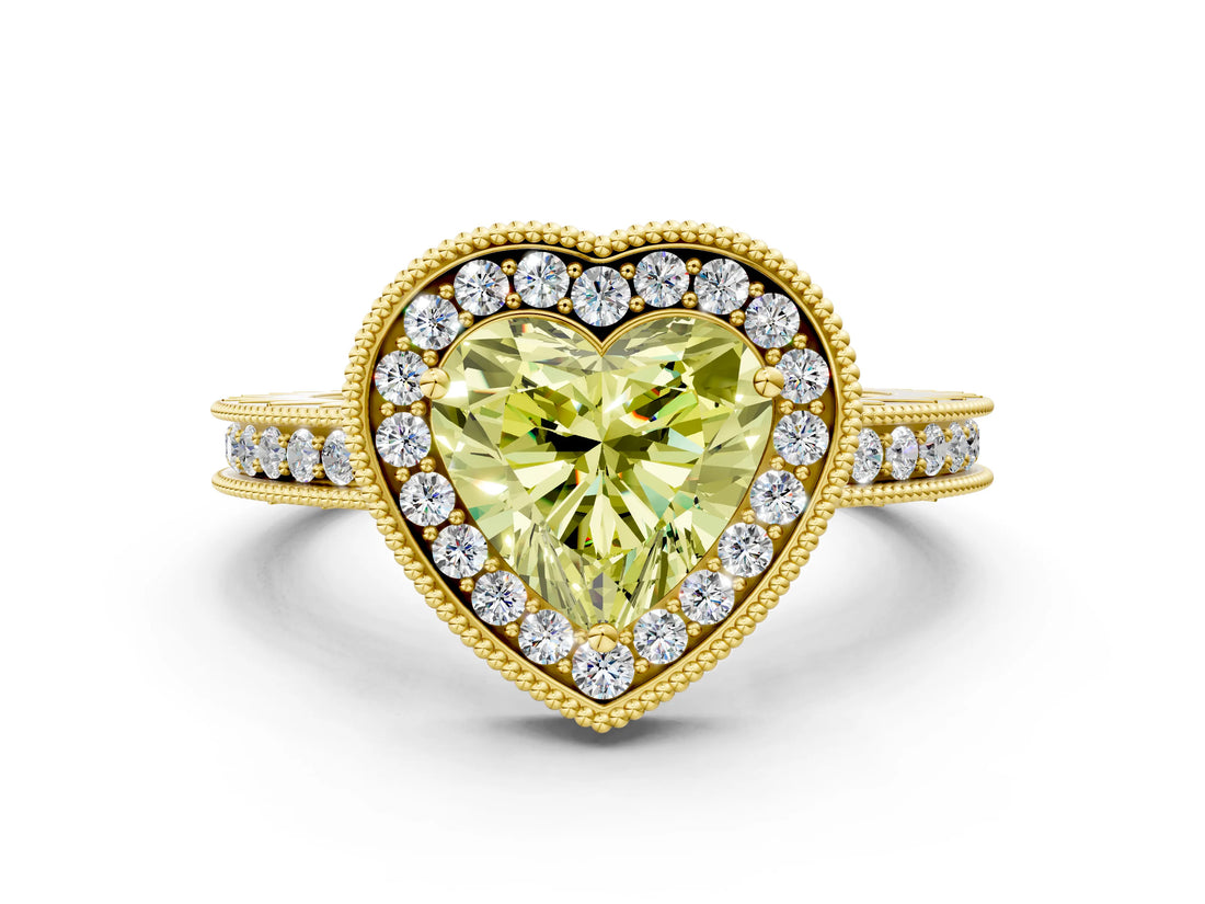 Yellow gold Fancy Yellow Heart  Halo Diamond Engagement Ring with Milgrain Pave Band and Four-Prong Setting_12