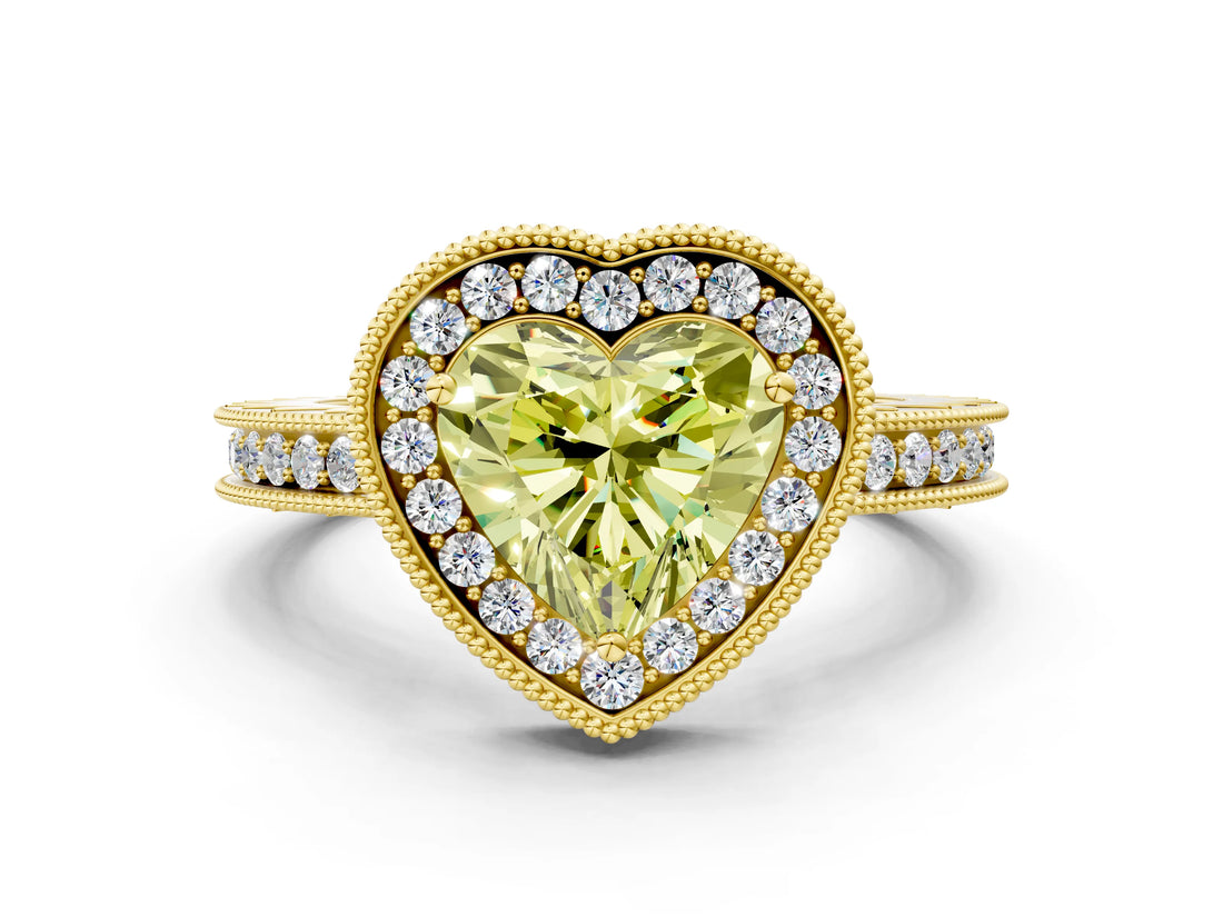 Yellow gold Fancy Yellow Heart  Halo Diamond Engagement Ring with Milgrain Pave Band and Four-Prong Setting_51
