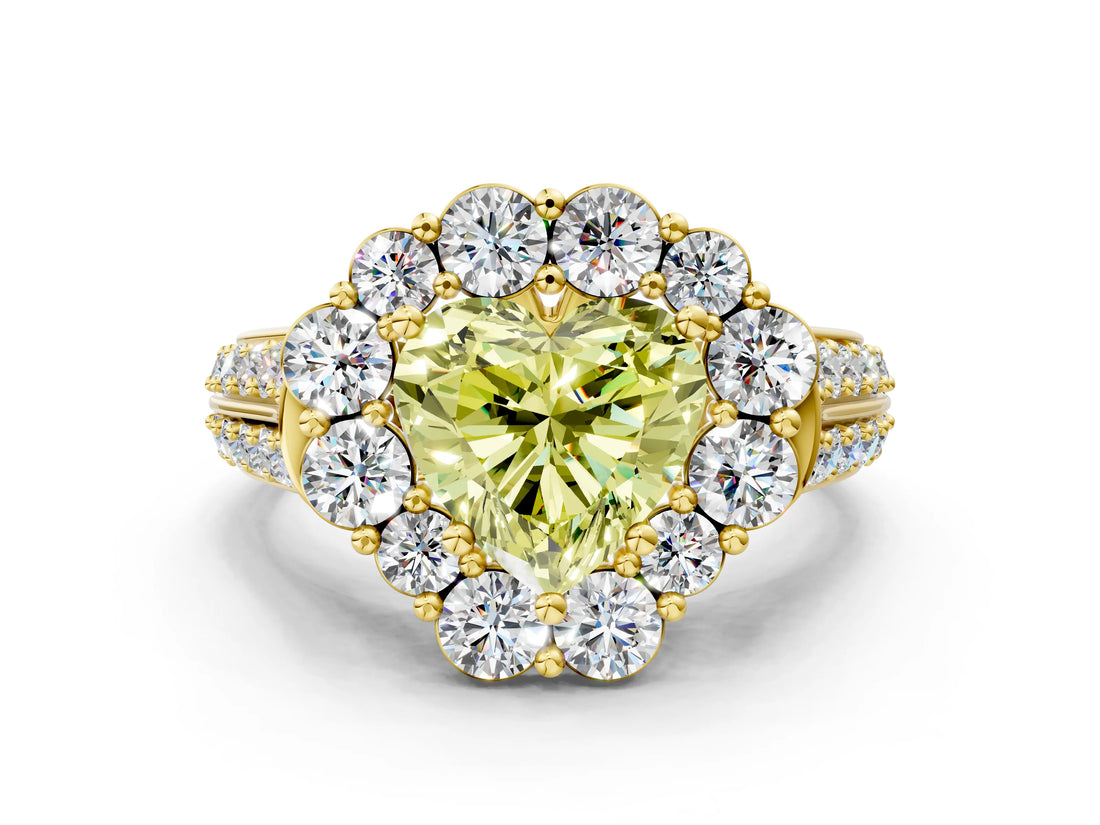 Yellow gold Fancy Yellow Heart  Halo Diamond Engagement Ring with Split Shank and Prong Setting_65