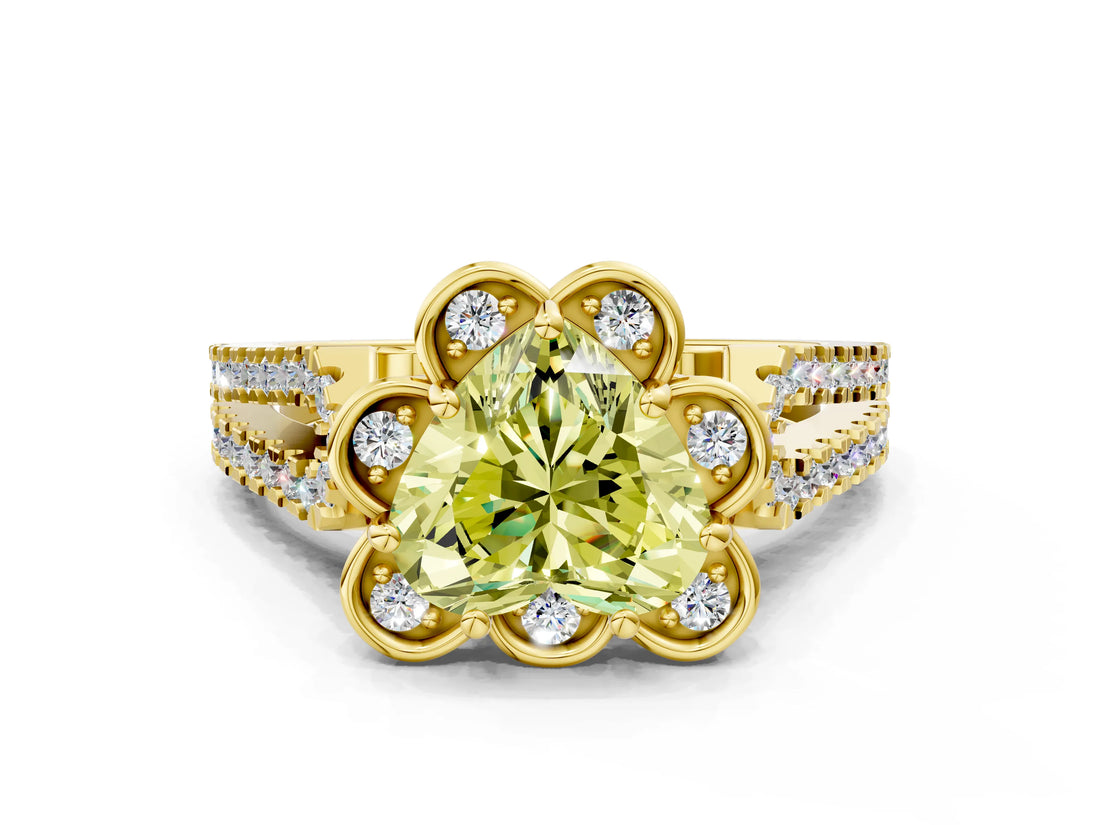 Yellow gold Fancy Yellow Heart  Halo Diamond Floral Split Shank Engagement Ring 1
