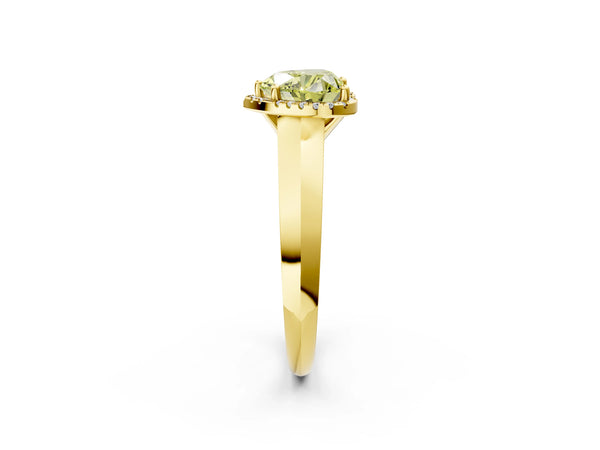 Yellow gold Fancy Yellow Heart  Halo Diamond Ring with Cathedral Band and Four-Prong Setting