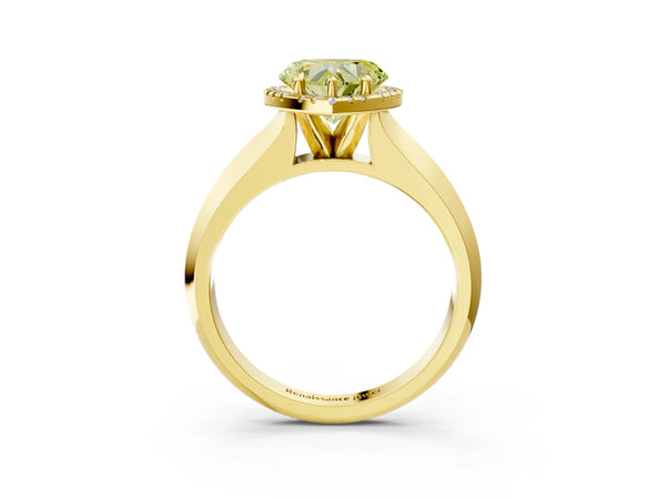Yellow gold Fancy Yellow Heart  Halo Diamond Ring with Cathedral Band and Four-Prong Setting