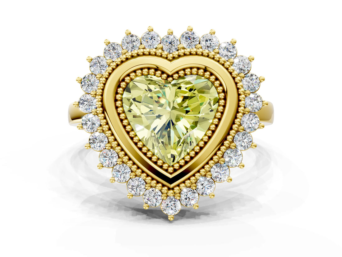 Yellow gold Fancy Yellow Heart  Halo Diamond Ring with Milgrain Edge and Round Prong Setting_25