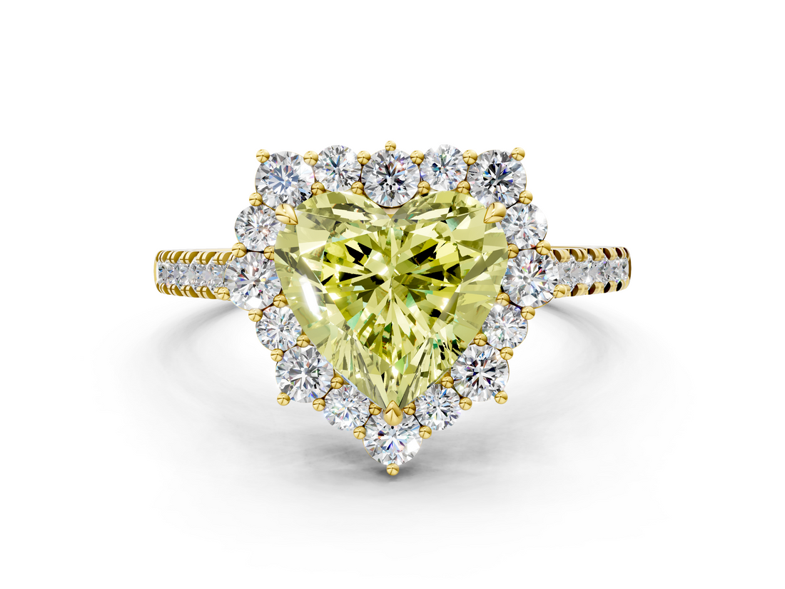 Yellow gold Fancy Yellow Heart  Halo Diamond Ring with Pavé Band and Prong Setting_19