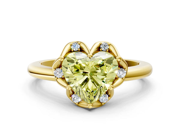 Yellow gold Fancy Yellow Heart  Halo Diamond Ring with Round Cluster Setting, Solitaire Band, and Four-Prong Setting