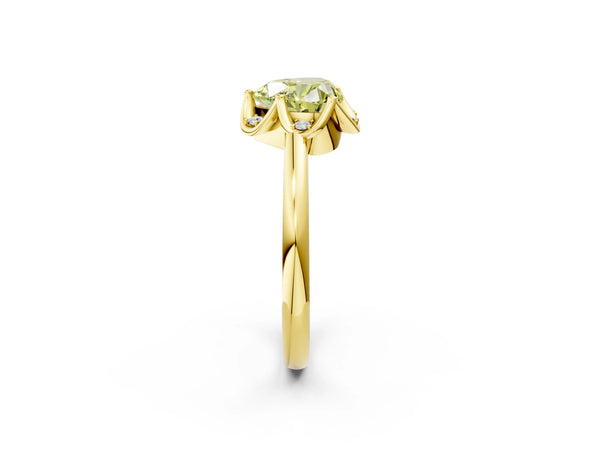 Yellow gold Fancy Yellow Heart  Halo Diamond Ring with Round Cluster Setting, Solitaire Band, and Four-Prong Setting