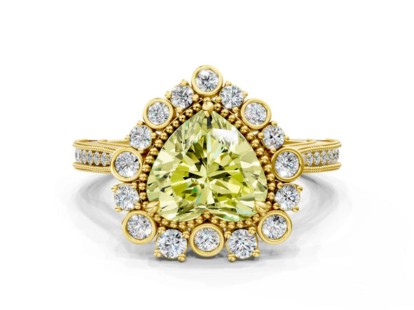 Yellow gold Fancy Yellow Heart  Halo Milgrain Pave Diamond Ring with Four-Prong Setting