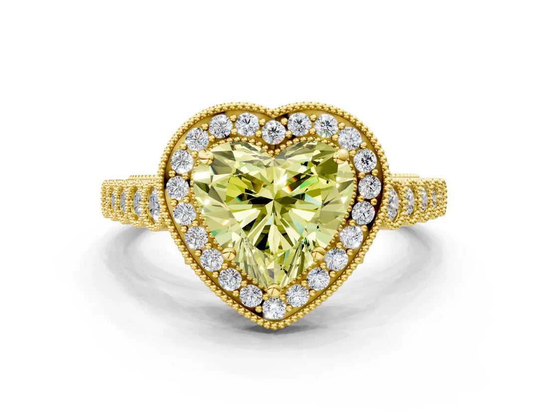 Yellow gold Fancy Yellow Heart  Halo Milgrain Solitaire with Bezel Set Side Stones and Pave Band_33