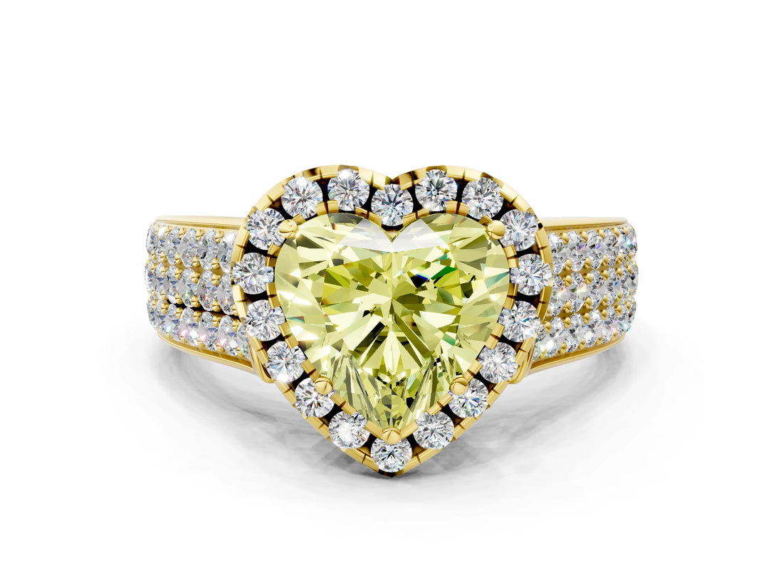 Yellow gold Fancy Yellow Heart  Halo Round Diamond Pave Band with Prong Setting 1
