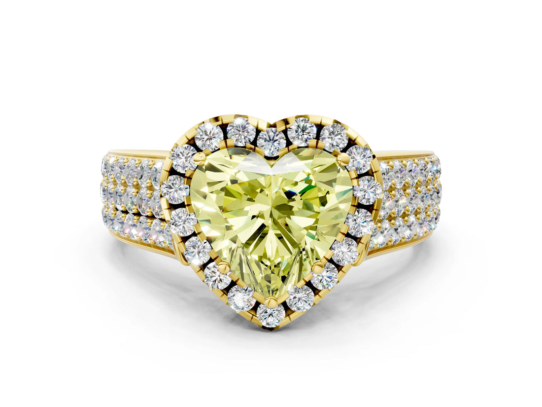 Yellow gold Fancy Yellow Heart  Halo Round Diamond Pave Band with Prong Setting_12