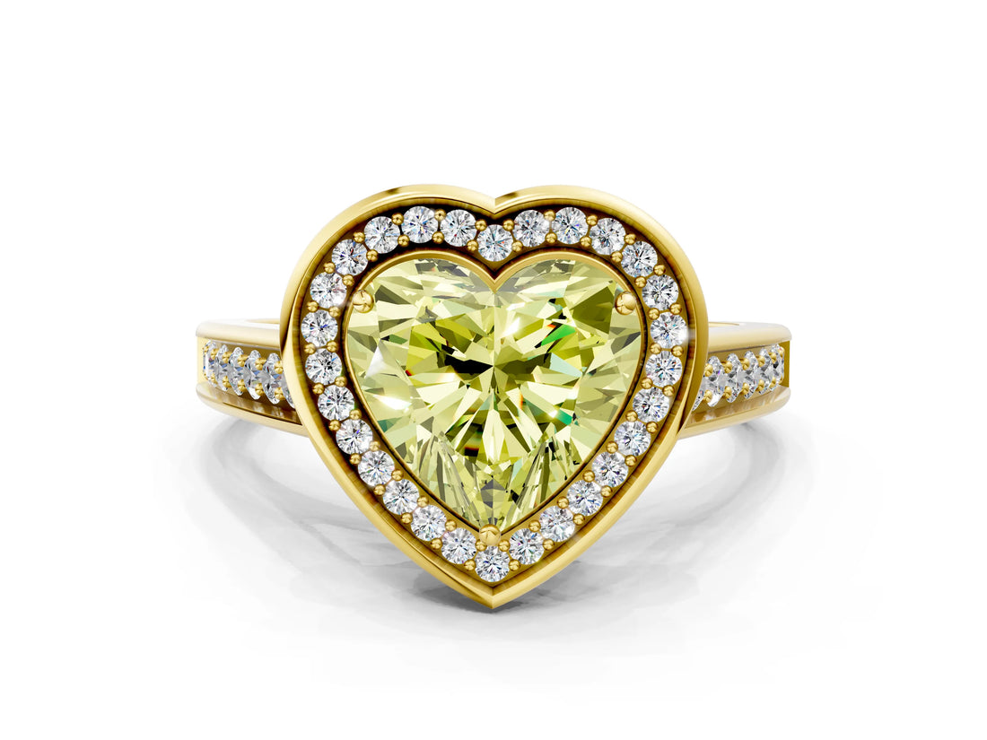 Yellow gold Fancy Yellow Heart  Halo Solitaire Diamond Ring with Pave Band and Bezel Setting_48