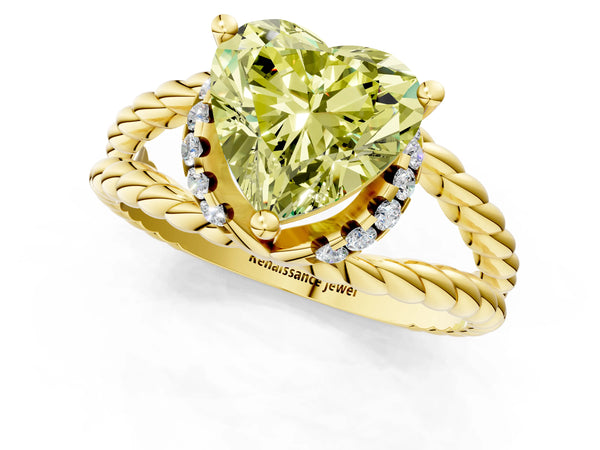 Yellow gold Fancy Yellow Heart  Halo Twisted Band Four-Prong Ring