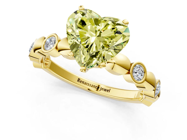 Yellow gold Fancy Yellow Heart  Solitaire Bezel-Set Diamond Ring with Beaded Band and Four-Prong Setting
