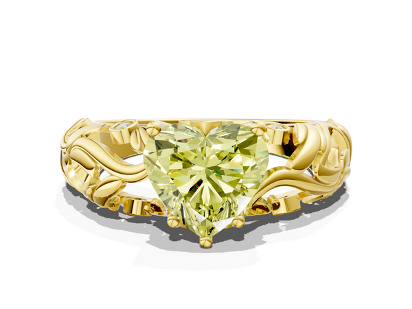 Yellow gold Fancy Yellow Heart Cut Solitaire Diamond Leaf-Inspired Vine Band Ring with Prong Setting