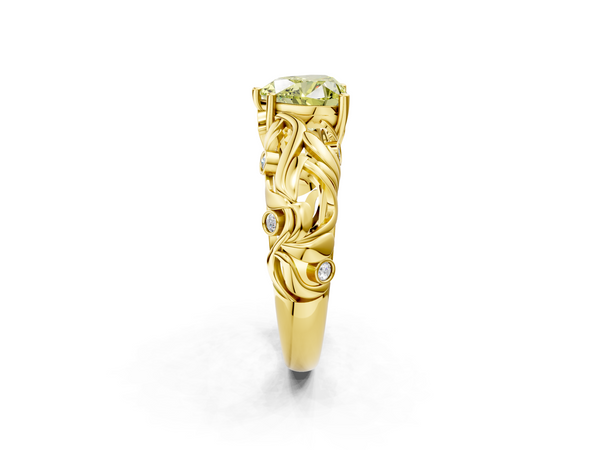Yellow gold Fancy Yellow Heart Cut Solitaire Diamond Leaf-Inspired Vine Band Ring with Prong Setting