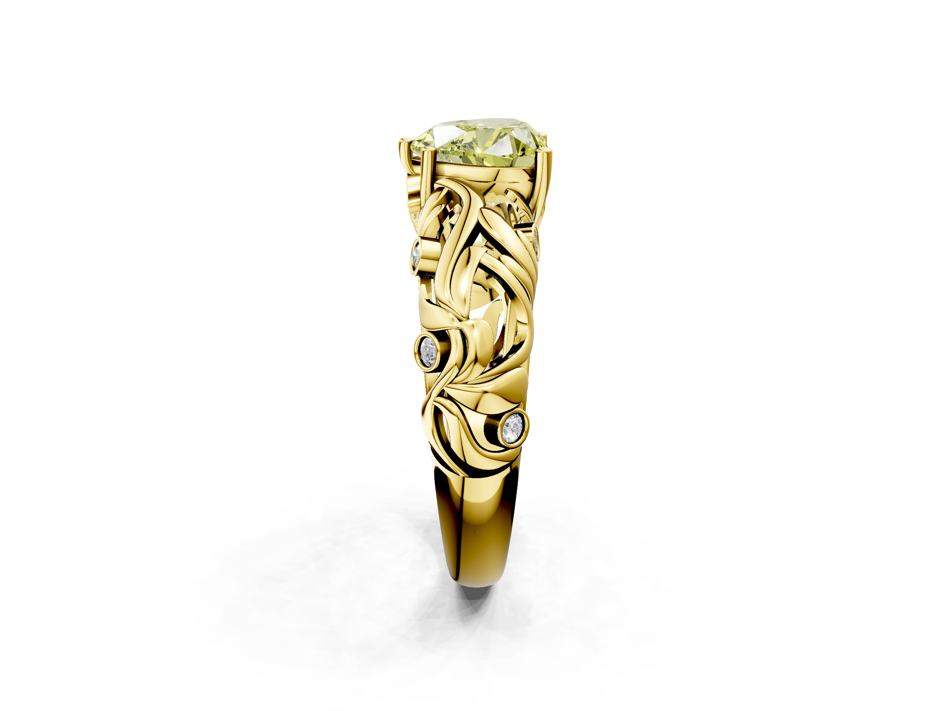 Yellow gold Fancy Yellow Heart  Solitaire Diamond Leaf Vine Band with Prong Setting_50