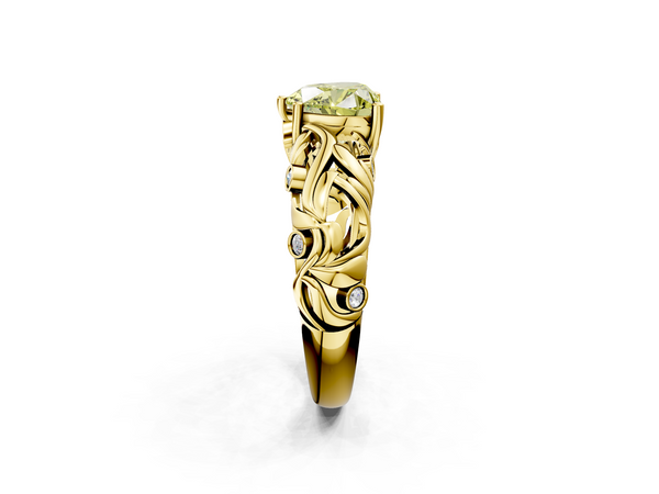 Yellow gold Fancy Yellow Heart Cut Solitaire Diamond Leaf-Inspired Vine Band Ring with Prong Setting