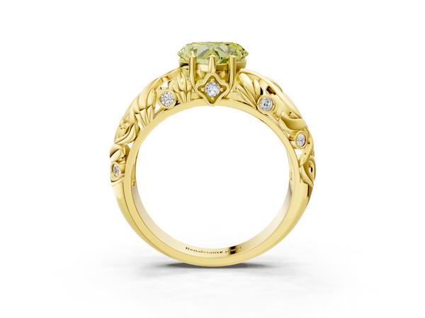 Yellow gold Fancy Yellow Heart Cut Solitaire Diamond Leaf-Inspired Vine Band Ring with Prong Setting