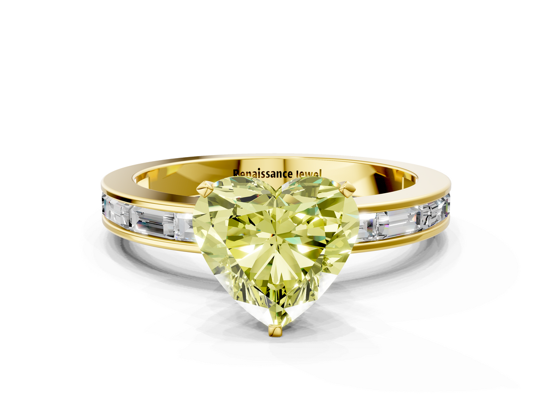 Yellow gold Fancy Yellow Heart  Solitaire Diamond Ring with Channel-Set Baguette Band and Four-Prong Setting_63
