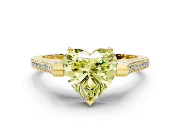 Yellow gold Fancy Yellow Heart  Solitaire Diamond Ring with Channel Set Band and Bezel Prong Setting